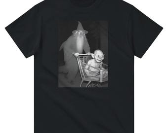 Wizard Pushing a Goblin into a Shopping Cart at Night - Fantasy Graphic Tee