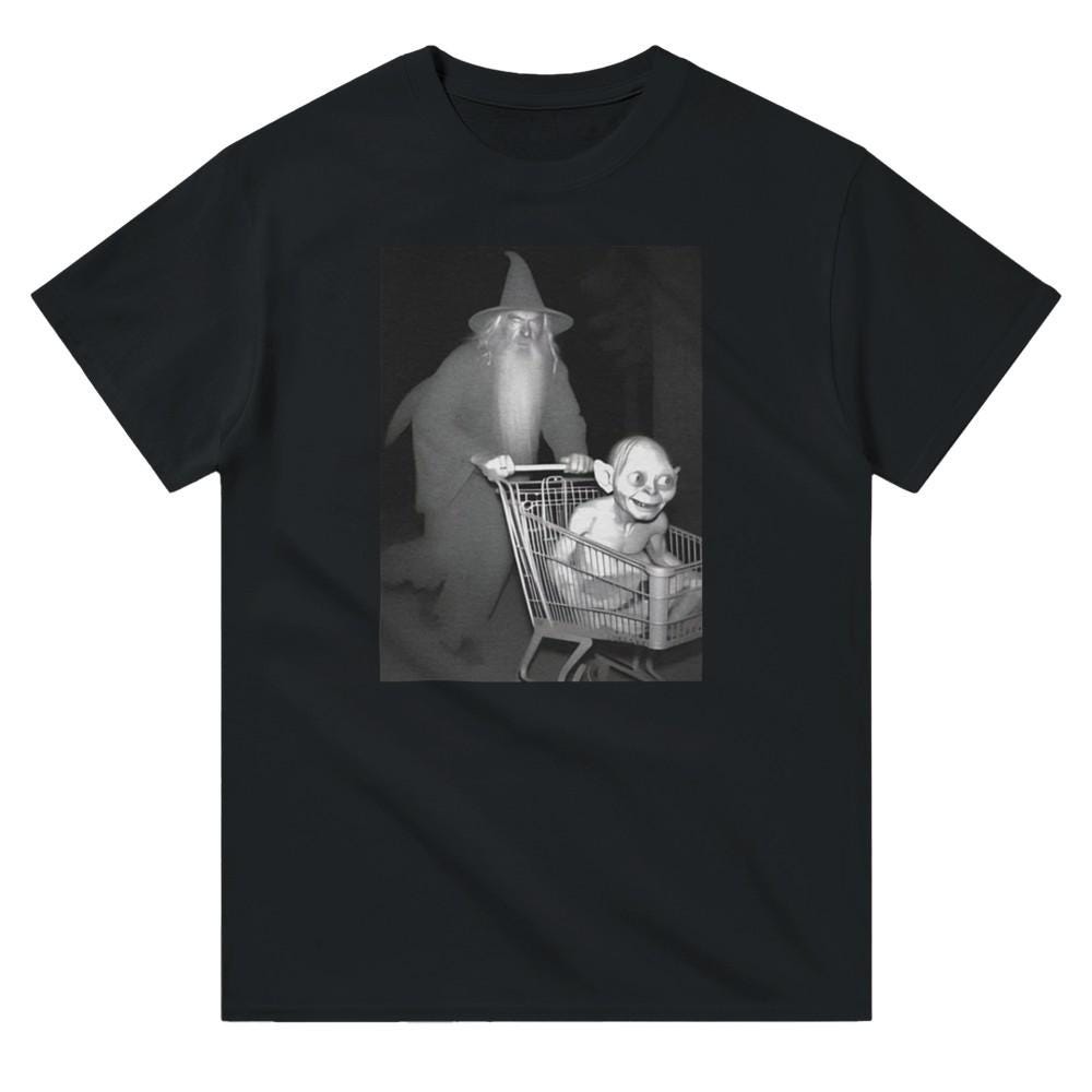 Wizard Pushing a Goblin Into a Shopping Cart at Night - Fantasy