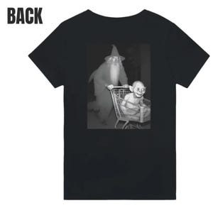 Back printing - Wizard Pushing a Goblin in a Shopping Cart at Night - Fantasy Graphic Tee