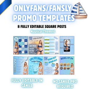 Puede incluir: Plantillas promocionales para OnlyFans y Fansly, con temática náutica. La imagen muestra ocho publicaciones cuadradas totalmente editables, con texto como "VIP PAGE" y "TODOS LOS VÍDEOS ANALES EN OFERTA 25%". El texto también indica que las plantillas son totalmente editables en Canva y no requieren Canva Pro.