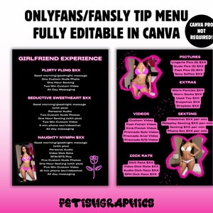 Tylko dla fanów Menu napiwków W pełni edytowalne Menu napiwków GFE dla Fansly Reddit Snapchat Sexpanther Tylko dla fanów Grafika promocyjna Tylko dla fanów Szablon Canva Pobierz