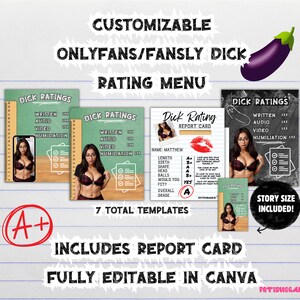 Puede incluir: Una lista de productos digitales para plantillas imprimibles personalizables para calificar los atributos físicos de una persona. Las plantillas presentan un fondo de pizarra verde con una mujer con camisa a cuadros y sujetador. El texto en las plantillas incluye "Dick Ratings" y "Dick Rating Report Card". La lista incluye 7 plantillas en total y un tamaño de historia incluido. La lista es totalmente editable en Canva.