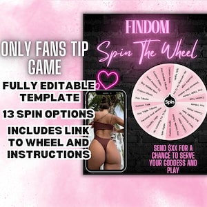 May include: A pink and black printable spin the wheel game template with 13 options, including "Custom Audio", "Pay Double Tribute", "Custom Video", "Send $XX for a chance to serve your goddess and play".