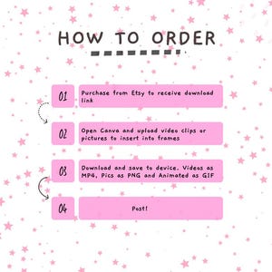 Op de afbeelding: Roze grafiek met witte sterren en een roze vak met de tekst "HOW TO ORDER" in zwart. Vier genummerde stappen worden vermeld in roze vakken met witte tekst: 1. Koop bij Etsy om de downloadlink te ontvangen, 2. Open Canva en upload videoclips of afbeeldingen om in de frames te plaatsen, 3. Download en sla op het apparaat op. Video's als MP4, afbeeldingen als PNG en geanimeerd als GIF, 4. Plaats!