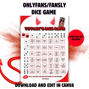 Puede incluir: Una tarjeta de juego de dados imprimible roja y blanca con el texto "Tiffany's Dice Game" y "Canva Pro Not Required". La tarjeta presenta una cuadrícula de 36 casillas, cada una con una recompensa o actividad diferente. La tarjeta está diseñada para usarse con dados.