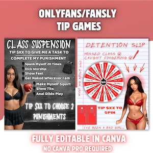 Puede incluir: Gráfico promocional para "ONLYFANS/FANSLY TIP GAMES". Presenta dos paneles: uno con un tema de pizarra que enumera tareas y otro con una ruleta. También está presente el texto "FULLY EDITABLE IN CANVA".