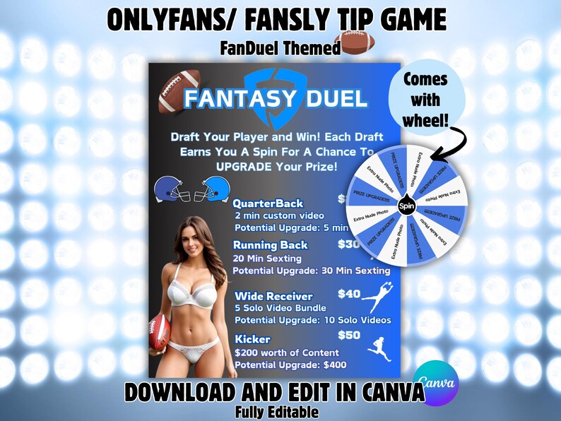 May include: A FanDuel-themed graphic with the text "FANTASY DUEL" and a football. It includes a prize wheel and a woman holding a football. The text promotes a game where drafting players earns a spin for a chance to upgrade prizes.