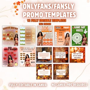 May include: A promotional graphic for OnlyFans/Fansly, showcasing 12 fully editable templates with an autumnal theme. The templates include designs such as "Sweater Weather," "Pumpkin Patch," and "Game Day Wheel," all customisable in Canva.