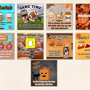 May include: A collage of nine colorful squares with images and text. Each square features a different theme and offers a reward for tipping a certain amount. The themes include Oktoberfest, apple bobbing, game time, fall drinks, a game day meal, a sweet treat, and trick or treat.