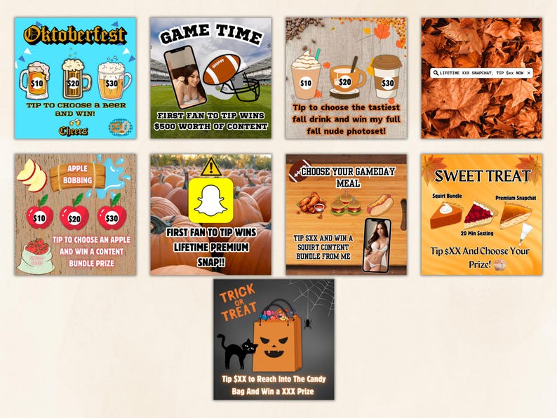 May include: A collage of nine colorful squares with images and text. Each square features a different theme and offers a reward for tipping a certain amount. The themes include Oktoberfest, apple bobbing, game time, fall drinks, a game day meal, a sweet treat, and trick or treat.