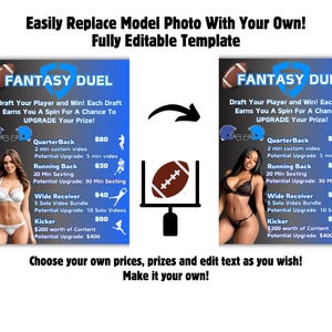 May include: A promotional graphic for "Fantasy Duel" with text and images. The design includes a football, a field goal, and two women. Text includes "Draft Your Player and Win!" and pricing for various services.
