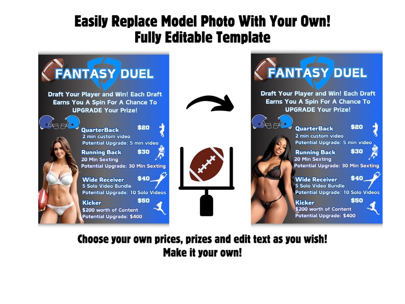 May include: A promotional graphic for "Fantasy Duel" with text and images. The design includes a football, a field goal, and two women. Text includes "Draft Your Player and Win!" and pricing for various services.