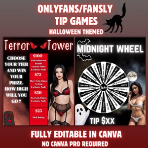 May include: A Halloween-themed graphic with the text "ONLYFANS/FANSLY TIP GAMES". It features two game options: "Terror Tower" and "Midnight Wheel", with various prize tiers and a spin wheel. The graphic is fully editable in Canva.