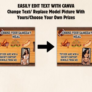 May include: A digital graphic with a woodgrain background and the text "Choose Your Gameday Meal". The graphic features a hot dog, chicken wings, and a burger. There is a phone with a woman in a bikini on the screen. The text "Tip SXX and win a squirt content bundle from me" is below the image.
