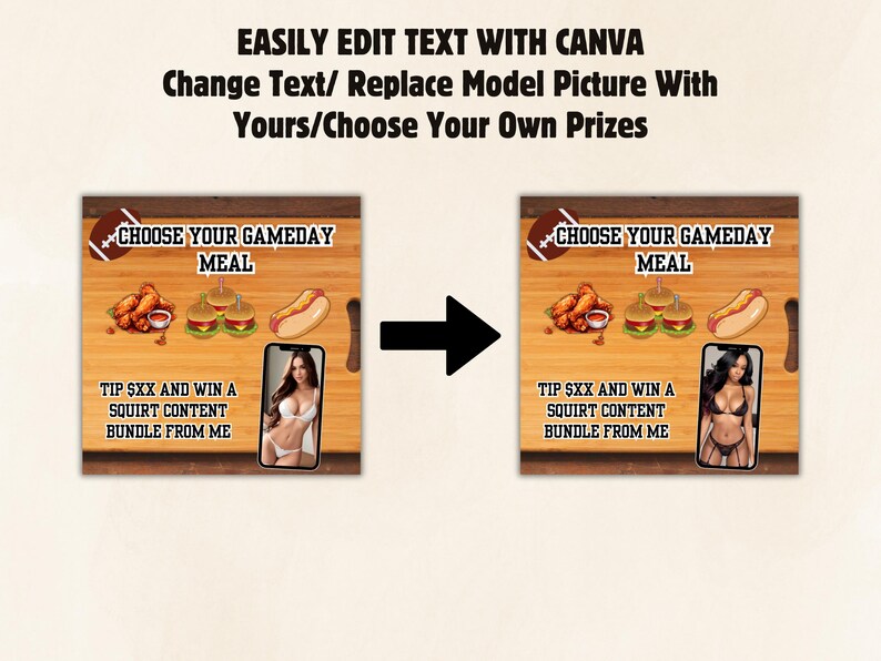 May include: A digital graphic with a woodgrain background and the text "Choose Your Gameday Meal". The graphic features a hot dog, chicken wings, and a burger. There is a phone with a woman in a bikini on the screen. The text "Tip SXX and win a squirt content bundle from me" is below the image.