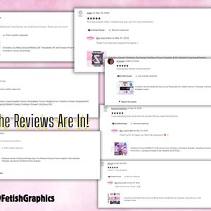 May include: Screenshots of Etsy reviews for a digital product. The reviews are positive and highlight the product's ease of use, customization, and quality. The product is described as "Editable Canva" and "Fully Editable Download".