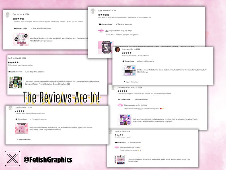 May include: Screenshots of Etsy reviews for a digital product. The reviews are positive and highlight the product's ease of use, customization, and quality. The product is described as "Editable Canva" and "Fully Editable Download".