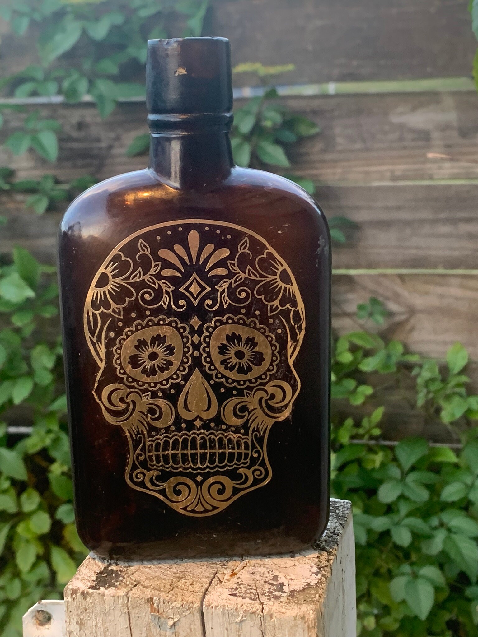 Antique Amber Flask-Calavera