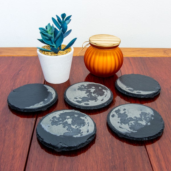 Photorealistic Engraved Slate Moon Phase Coasters with Foam Feet Set of 5 Drink Coasters with Full, Gibbous, Crescent Moonphases