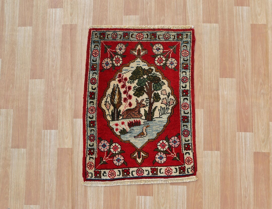 Vintage Handwoven Wool Rug: Deer Landscape, 72x54 Cm Wall Hanging - Etsy