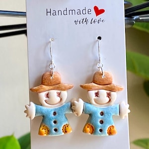 Pendientes de Espantapájaros: Pendientes de otoño hechos a mano, joyería de arcilla polimérica, bonitos pendientes de otoño, accesorio de Acción de Gracias, regalo rústico para ella.