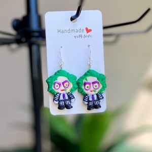 Beetlejuice Earrings – Handmade Polymer Clay Movie Earrings, Halloween Jewelry, Spooky Goth Earrings, Funny Beetlejuice Gift for Her