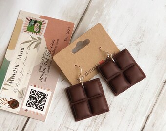 Chocolate Bar Earrings – Handmade Polymer Clay Candy Jewelry, Sweet Tooth Gift, Food Lover Accessories, Dessert Dangle Earrings