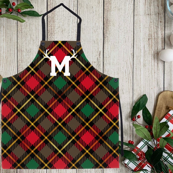 Christmas Apron With Custom Reindeer Initial For Women, Plaid Apron, Holiday Baking Apron For Adults, Men, Family, Friends, Holiday Gift