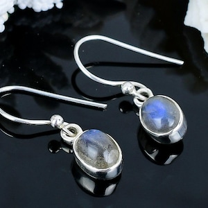 925 Sterling Silver Labradorite Dangle Earrings, Handmade Natural Gemstone Jewelry, February Birthstone Gift,Minimalist Silver Danglers.