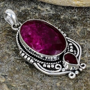 Raw Ruby  Silver Pendant: Handmade Boho Gemstone Necklace
