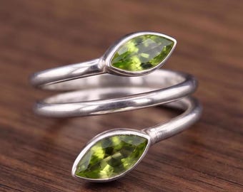 Peridot Two Stone Spiral Ring, Silver Tone Double Marquise Snake Wrap Ring