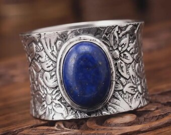 Lapis Lazuli Wide Band Ring, Floral Engraved Silver Tone Gemstone Ring