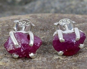 Raw Ruby  Silver Stud Earrings: July Birthstone Jewelry