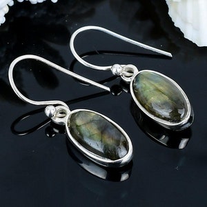 925 Sterling Silver Labradorite Dangle Earrings, Handmade Natural Gemstone Jewelry, February Birthstone Gift,Minimalist Silver Danglers.