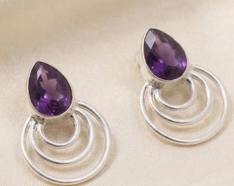 Amethyst Teardrop Stud Earrings, Concentric Circle Silver Tone Drop Earrings