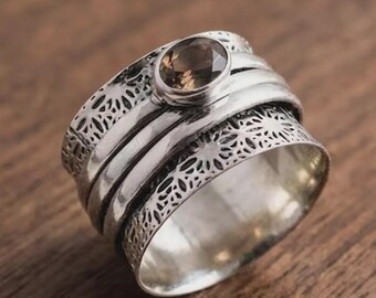 Smoky Quartz Spinner Ring, Wide Band Filigree Boho Statement Ring