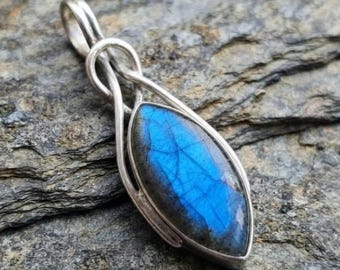 Labradorite Marquise Pendant, Blue Flash Gemstone Necklace