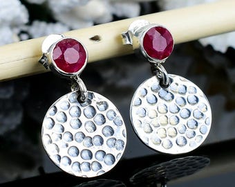 Raw Ruby  Silver Stud Earrings: Handmade Boho Gemstone Jewelry