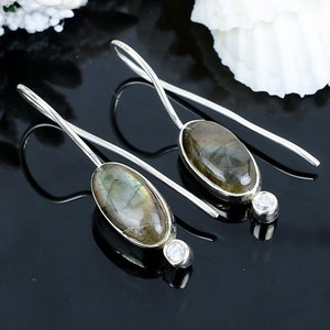 925 Sterling Silver Labradorite&Zircon Dangle Earrings,Handmade Natural Gemstone Jewelry,February Birthstone Gift,Minimalist Silver Danglers