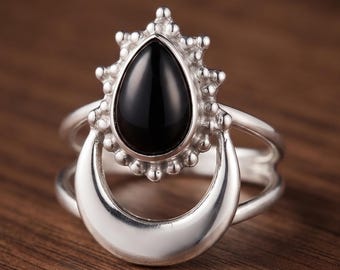 ブラックオニキスの三日月リング、ゴシック風ペアカットジェムストーンシルバーリング