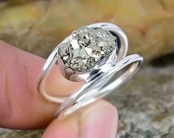 925 Sterling Silver Pyrite Gemstone Natural Money Attracting Crystal Handmade Boho Ring Anniversary Perfect Gift Custom Size