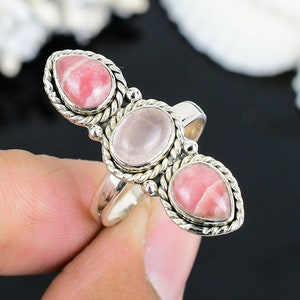 925 Sterling Silver Ring, Rhodochrosite & Rose Quartz Ring, Handmade Silver Ring, Boho Jewellery, Perfect gift for her, Anniversary ring.