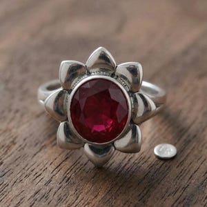 Silver Ruby Floral Ring: Handmade Statement Boho Jewellery, Deep Red Faceted Gemstone