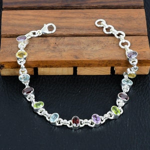 Handmade  Silver Multi-Gemstone Bracelet: Citrine, Ruby, Amethyst, Topaz, Peridot
