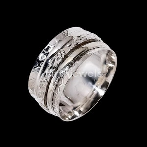 Ręcznie robiony srebrny pierścień spinner: kwiatowy pierścień Fidget – pierścień na kciuk w stylu boho