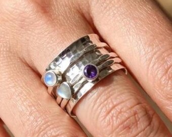 Amethyst and Moonstone Spinner Ring | Wide Band Hammered Silver Fidget ring