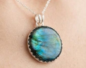Natural Labradorite Pendant, Round Blue Flash Gemstone Handmade Silver Artisanal Jewelry