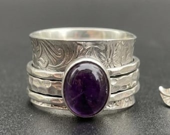 Amethyst Spinner Ring, Boho Wide Band Statement Ring, Silver Meditation Fidget Jewelry