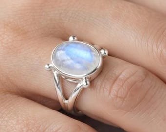 Rainbow Moonstone Ring, Oval Gemstone Ring, Split Shank Statement Ring
