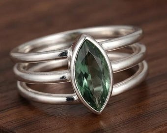 グリーンアメジストマーキーズリング、トリプルバンドシルバーステートメントリング